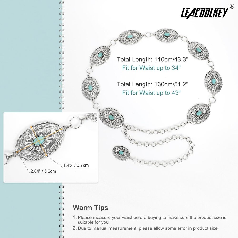 6436 Women Turquoise Concho Chain Waist Belt Silver Western Cowgirl Metal - Picture 3 of 6